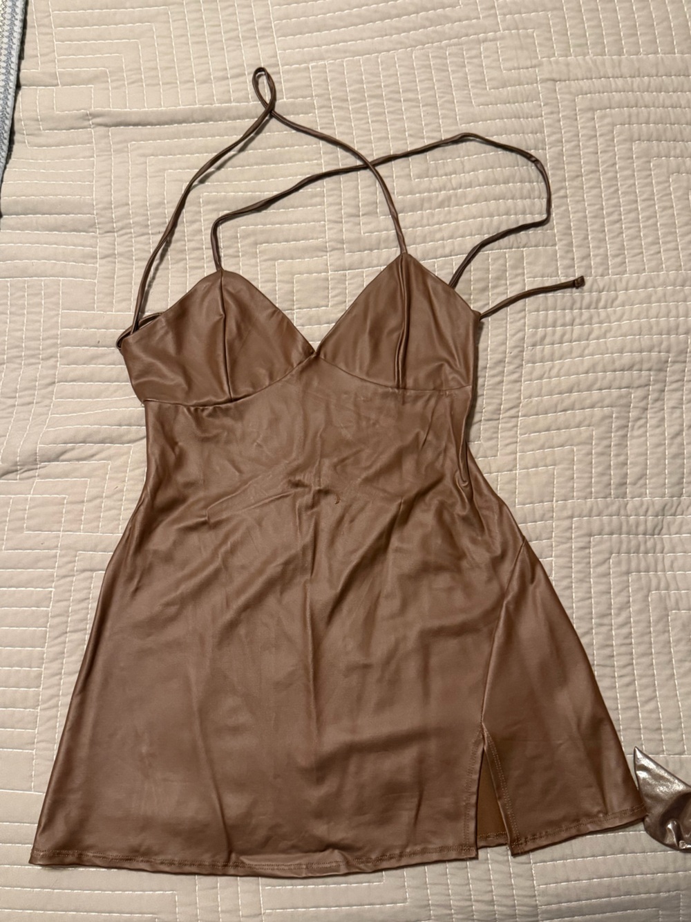 Brown Faux Leather Slip Dress with Side Slit